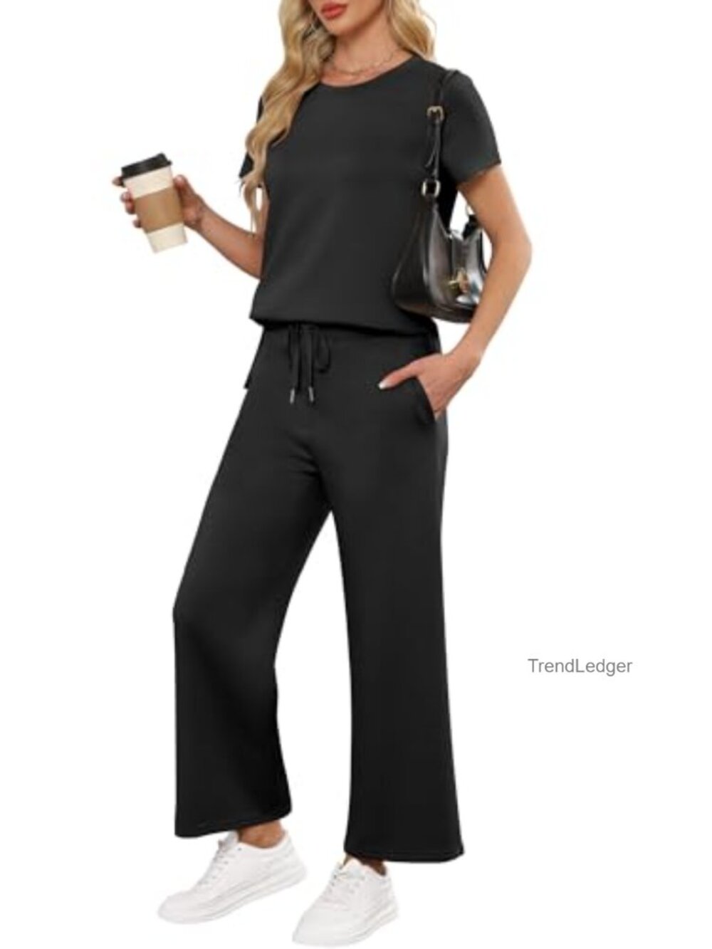 2 Piece Lounge Set Short Sleeve Wide Leg Tracksuit Travel Outfit